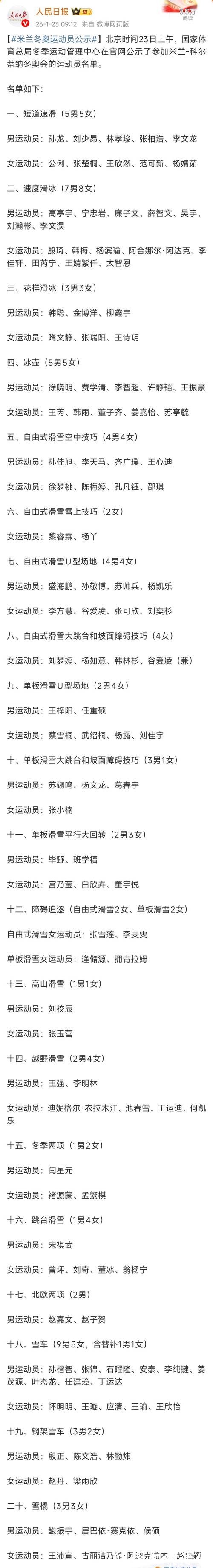 米兰冬奥会中国参赛运动员名单公示：谷爱凌、苏翊鸣在列